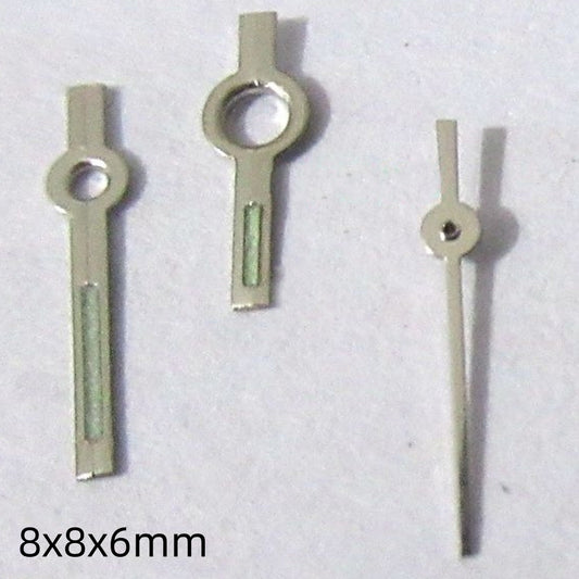 8mm square pointed silver-trimmed green lume watch hands set for Miyota 2035, 2115, 2105 movements.
