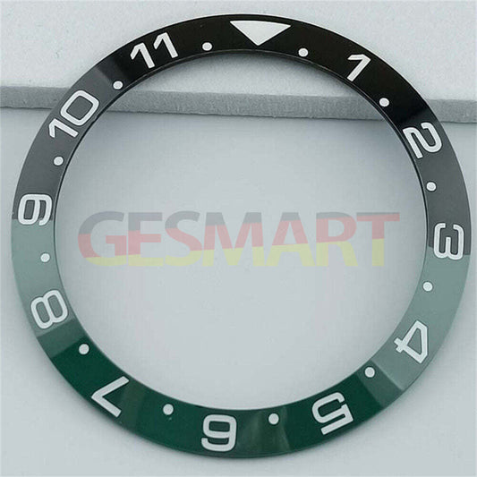38mm ceramic GMT bezel in black and green with white and gold font, compatible with SUB watches.