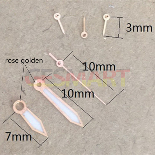 Aiguilles lumineuses de 10 mm avec garniture en or rose pour montres Miyota OS10, OS20, OS22, OS60, OS80