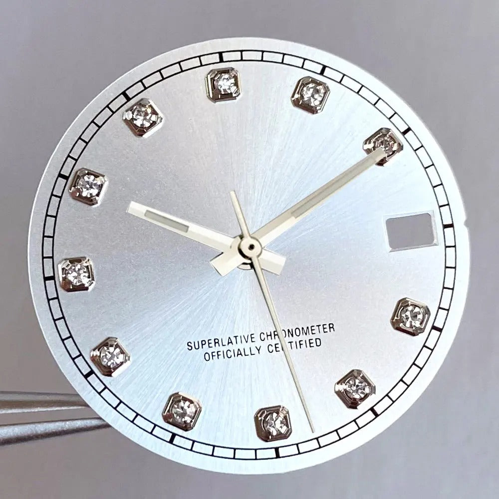 Mod Diamond Index 28.5mm watch dial in silver blue green, compatible with NH35A NH36A automatic movements.