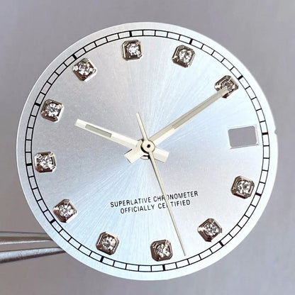 Mod Diamond Index 28.5mm watch dial in silver blue green, compatible with NH35A NH36A automatic movements.