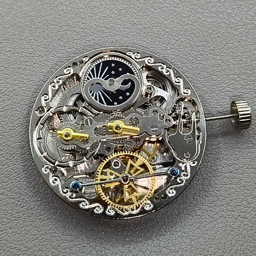 Multi-function Double Mainspring Hollow Mechanical Movement Double Time Zone