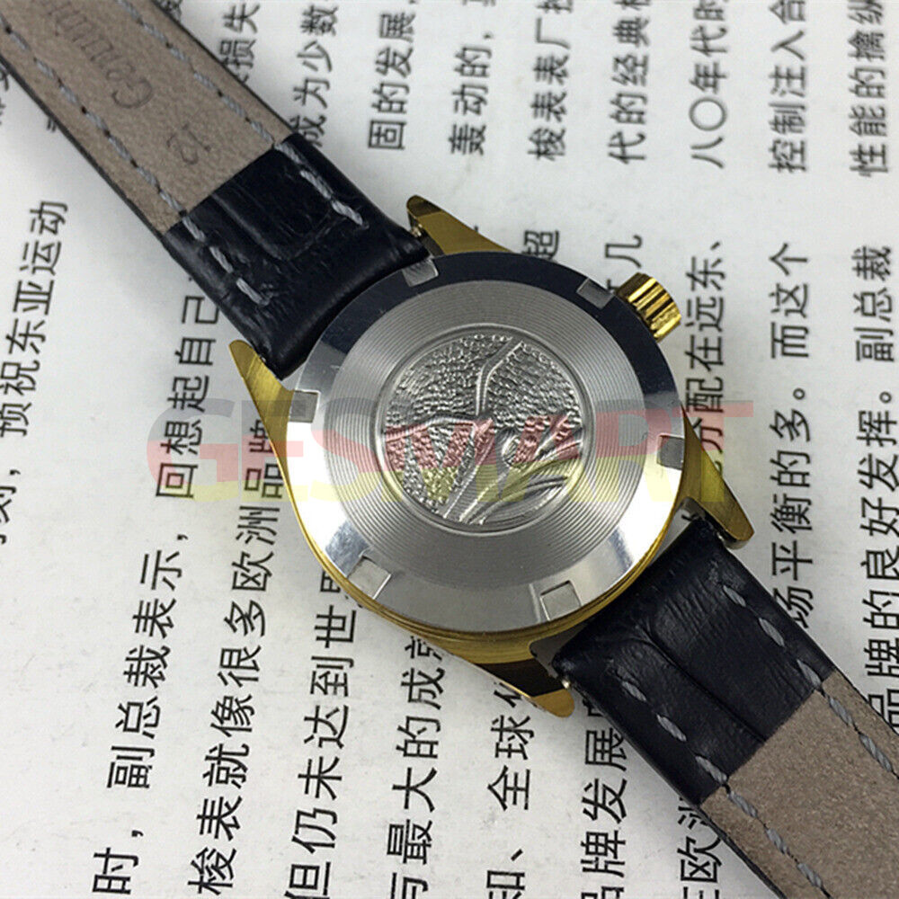 Tianjin Seagull ladies watch with black round case, gold nail markers, and manual mechanical movement.