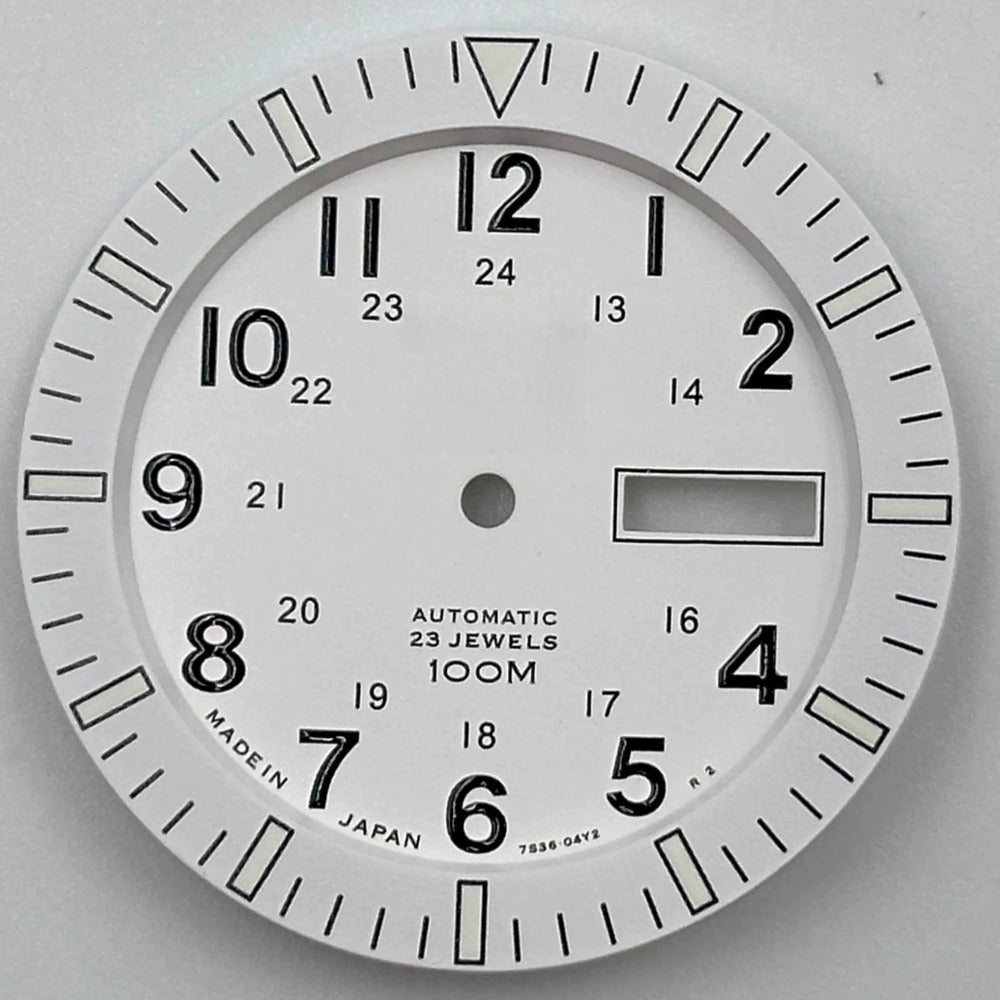 Vintage 34.4mm white watch dial with green luminous markers for NH35 NH36 movement.