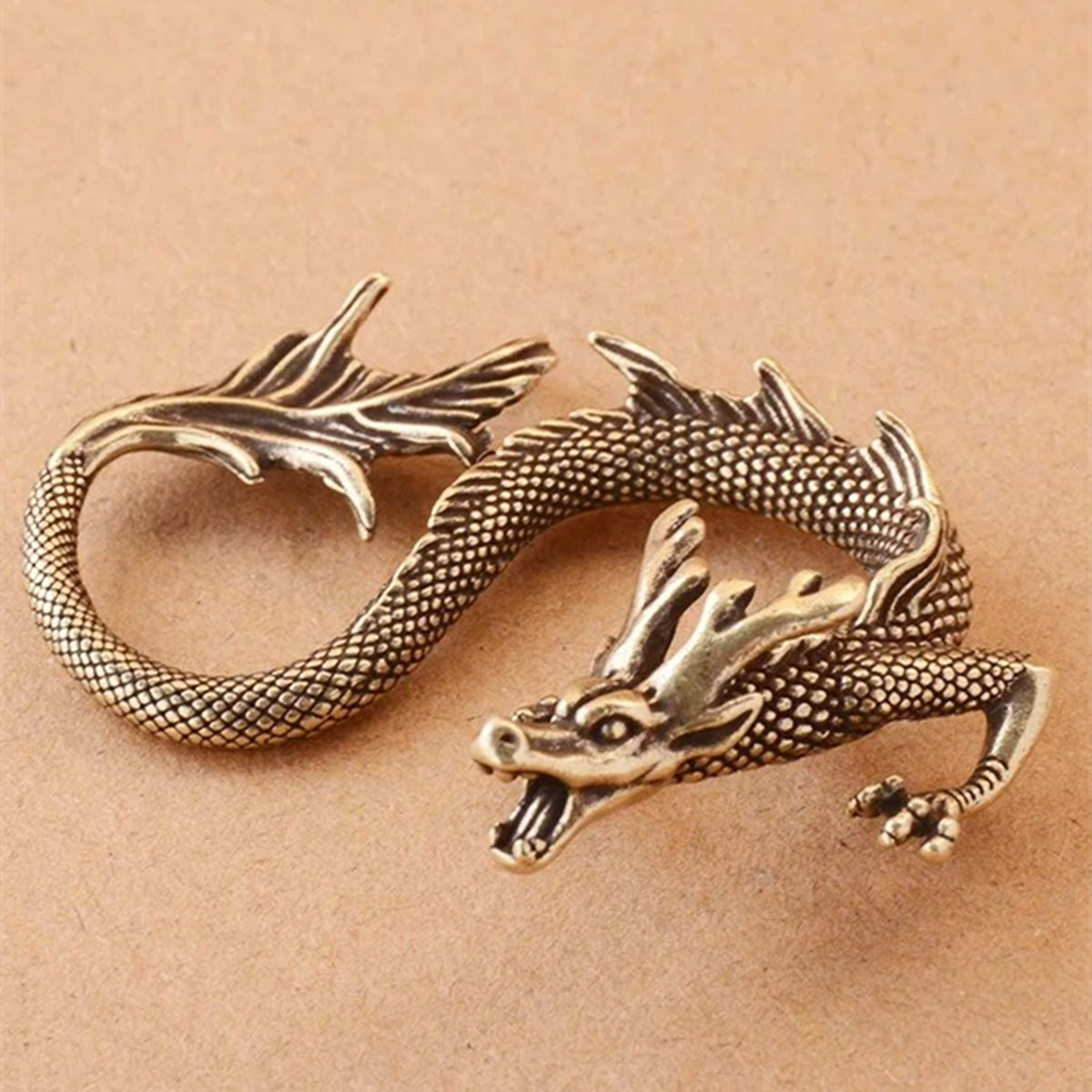 Hand-carved solid copper fire-breathing dragon trinket with vintage bronze patina.