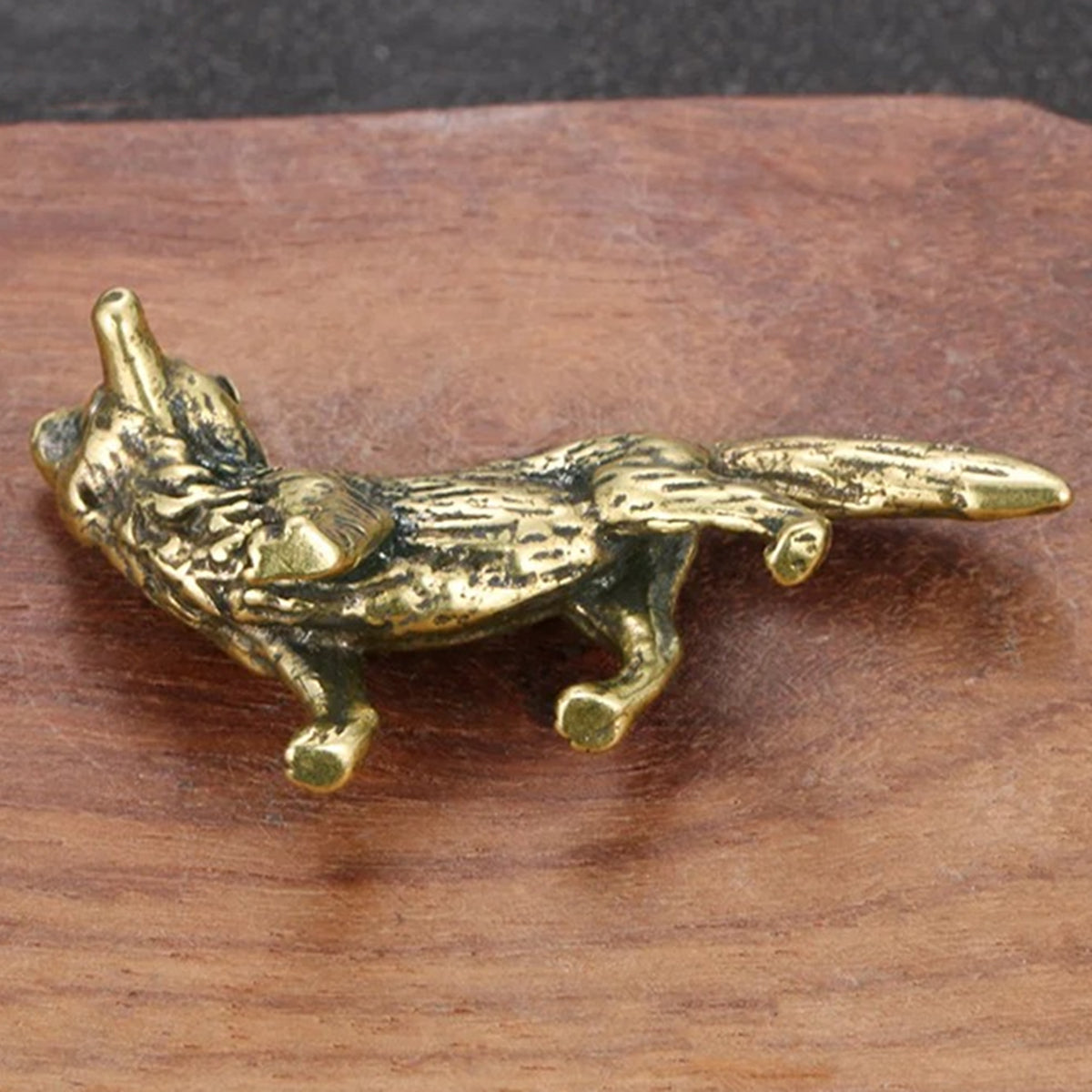 Solid copper fox trinket with vintage bronze finish, hand-carved details, perfect for watch accessory display.