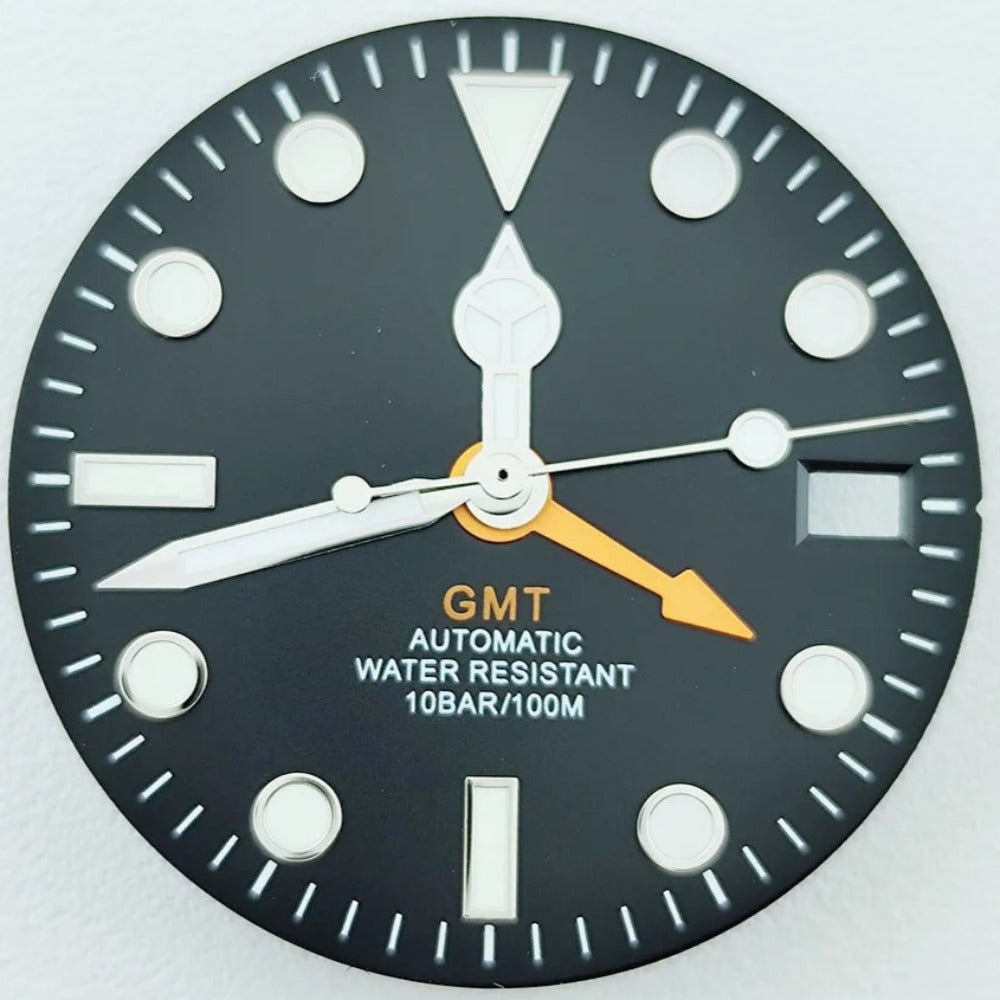 Black 28.5mm Silver Trim Orange GMT Hand Lume Watch Dial with Hands Fit for NH34
