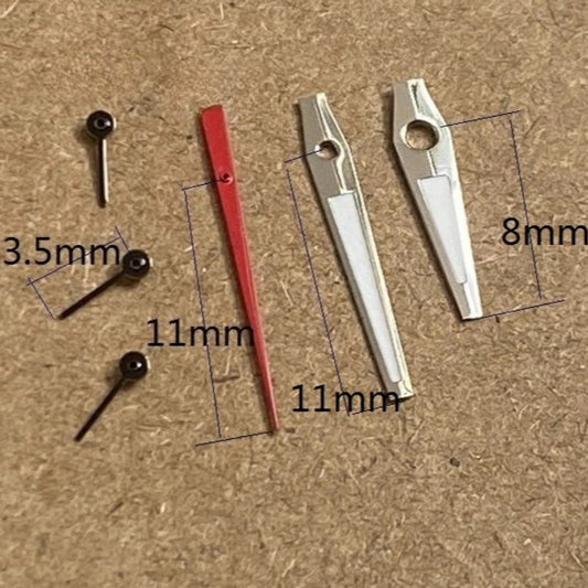 Silver-trimmed watch hands with red second hand and green lume for Miyota OS10 OS20 OS30 movements.