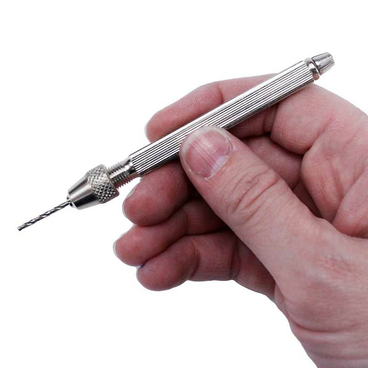 Bergeon 1842-17A pin vise holding precision watch parts with dual chucks for 0-3mm sizes, ideal for watch repair.