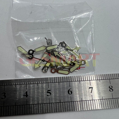 Silver arrow-shaped watch hand with green lume, compatible with Miyota 2035, 2115, 2105, 2305 movements.