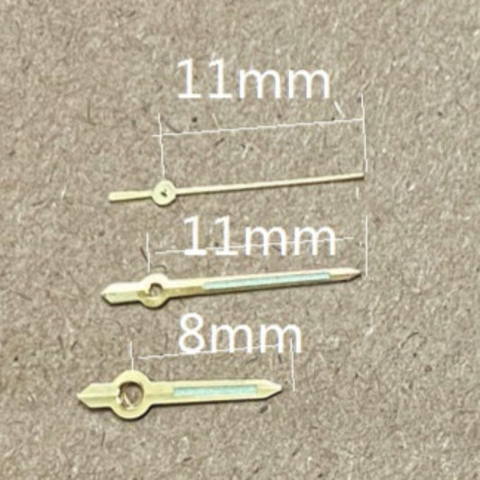 Golden Trim Lume watch hands, 11x11x8mm, designed for Miyota 2035 quartz movement, luminous and precise.