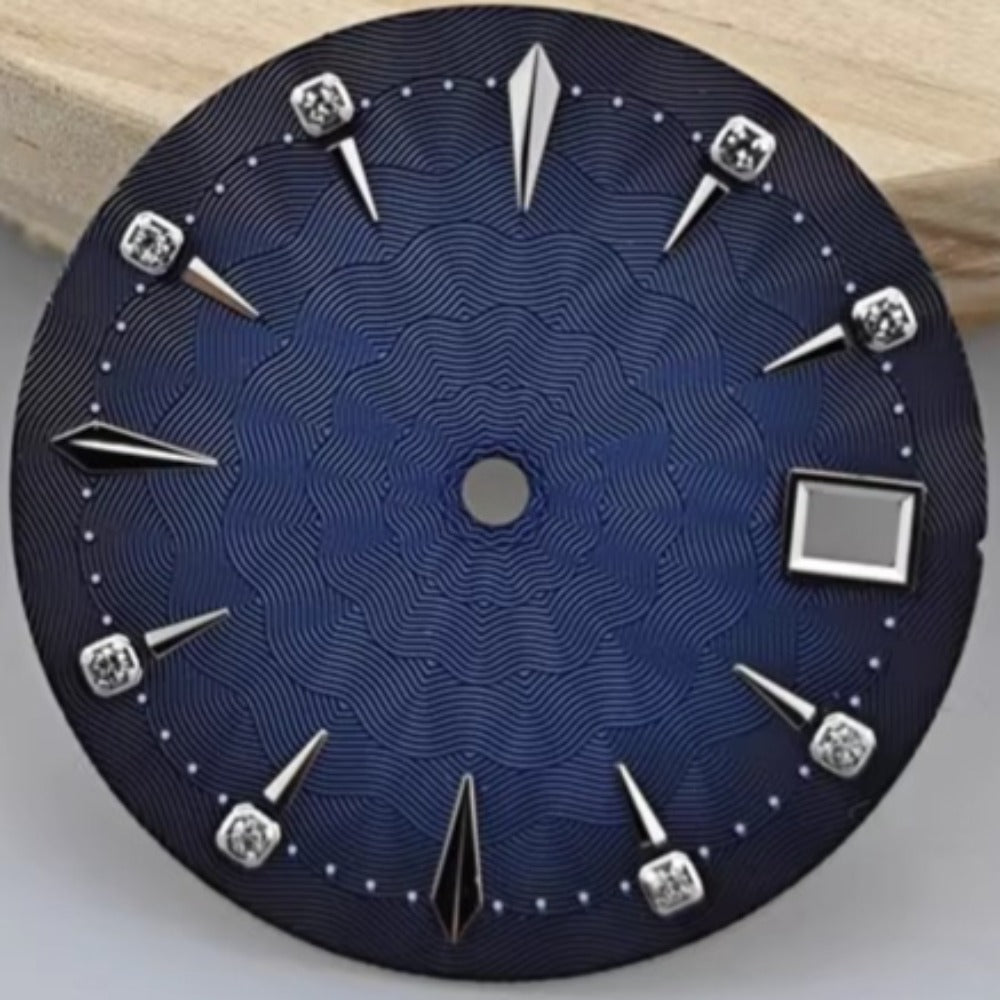 29mm dark blue radial vein watch dial for NH35 movement, single calendar, elegant lady accessory.