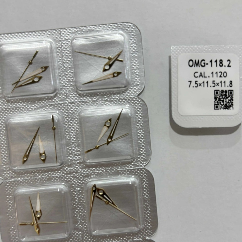 Rose gold trimmed green lume watch hands for ETA1120 movement, precise fit for elegant timepieces.