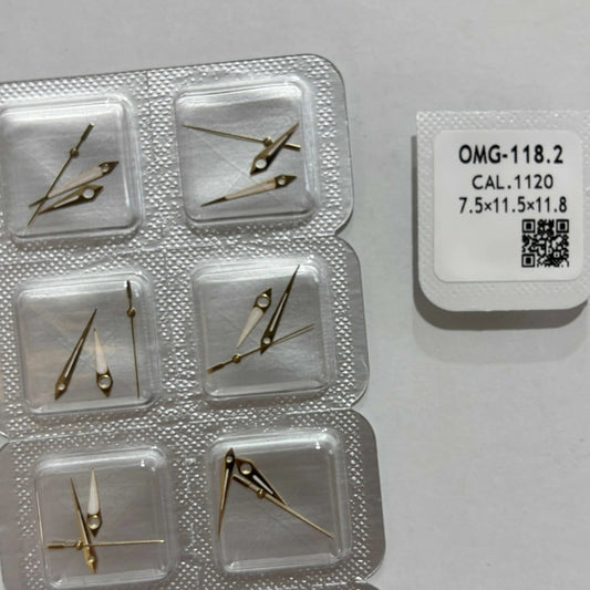 Rose gold trimmed green lume watch hands for ETA1120 movement, precise fit for elegant timepieces.