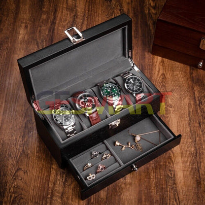 Double-layer men's watch box organizer, showcasing elegant storage for watches and jewelry.