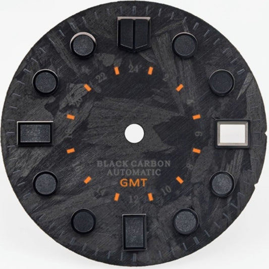Round orange font GMT watch dial 28.5mm carbon fiber, lume for NH34/35 movement