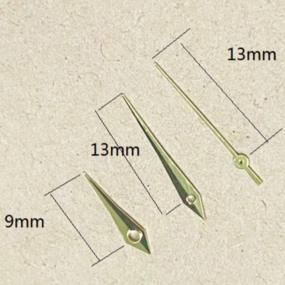 Golden arrow-shaped watch hands 13x13x9mm for Miyota 2035 quartz movement, precise timekeeping accessory.
