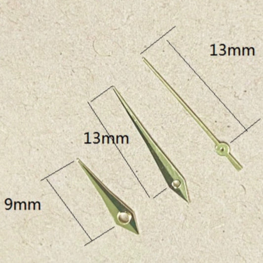 Golden arrow-shaped watch hands, 13x13x9mm, for Miyota 2035 quartz movement, precise time display.