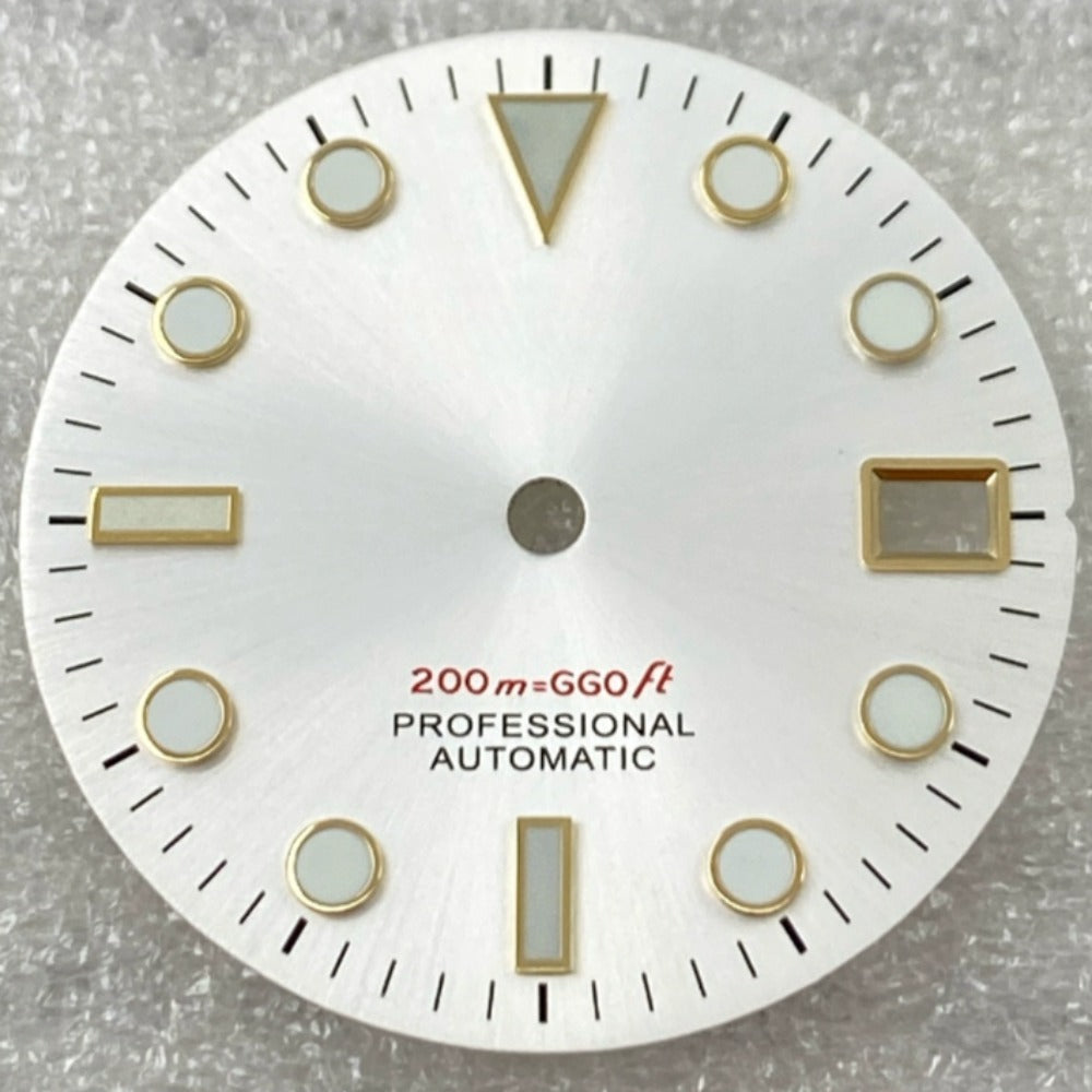 Golden-trimmed Green Lume watch dial on white background for NH35/36 movement.