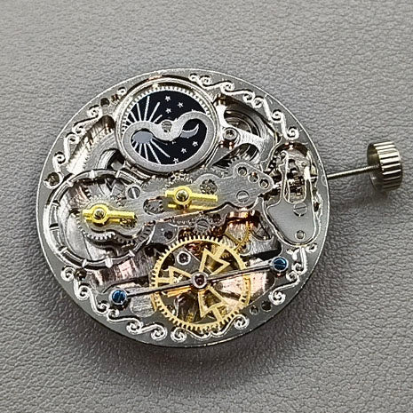 Multi-function Double Mainspring Hollow Mechanical Movement Double Time Zone