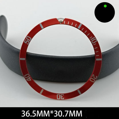Green lume aluminum watch bezel with red slope and white font, 36.5x30.7mm, ideal for watch customization.