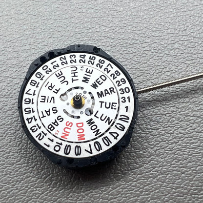 Japan PC23A Quartz watch movement showing 3 hands and double calendar functionality for precise timekeeping.