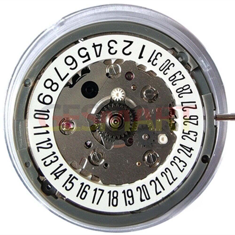 NH34 automatic GMT watch movement with white dial, date at 6 o'clock, and hacking seconds functionality.