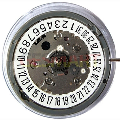NH34 automatic GMT watch movement with white dial, date at 6 o'clock, and hacking seconds functionality.
