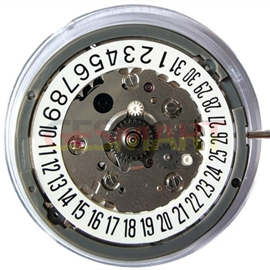 NH34 automatic GMT watch movement with white dial, date at 6 o'clock, and hacking seconds functionality.