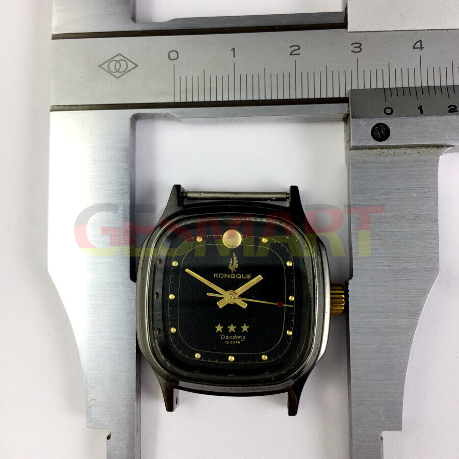Black dial 34mm Dandong manual mechanical watch with gold markers and three hands, classic style by Dandong.