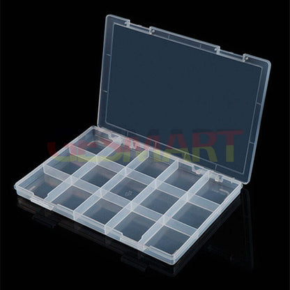 Rectangular 15-grid toolbox container with hinged lid, 2.1x28.5x19.9cm storage box for small parts organization.