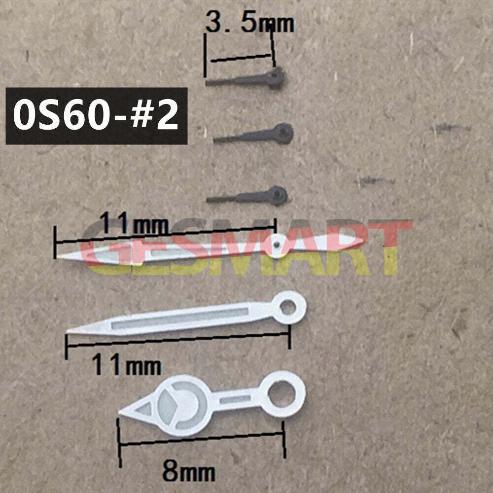 Black 11mm luminous watch hands with silver trim, compatible with Miyota 0S60 movement, green glow for night use.