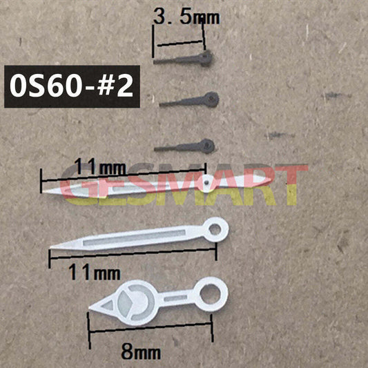 Black 11mm luminous watch hands with silver trim, compatible with Miyota 0S60 movement, green glow for night use.