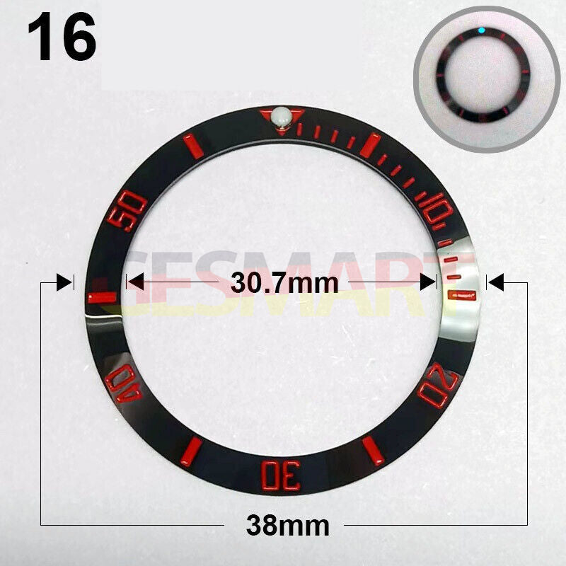 38mm ceramic black watch bezel with red font and green luminous details for watch repair, brand Slope