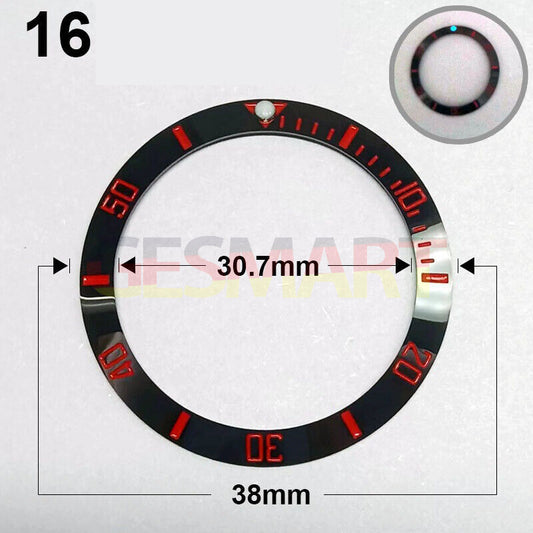 38mm ceramic black watch bezel with red font and green luminous details for watch repair, brand Slope