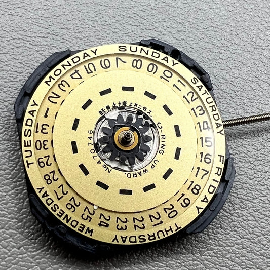 YL44A Quartz watch movement with double calendar and 3 hands, branded for precise timekeeping.