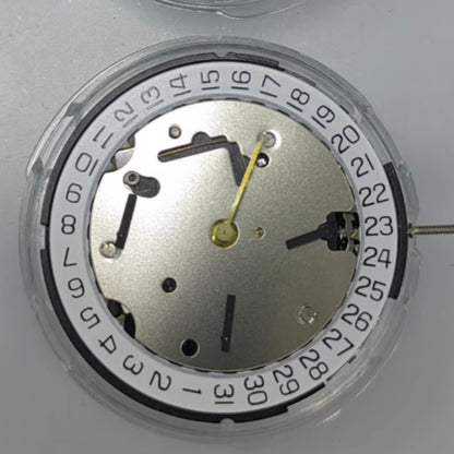 Swiss Made ISA8371 quartz watch movement with date at 6 and small seconds at 3 and 9 positions.