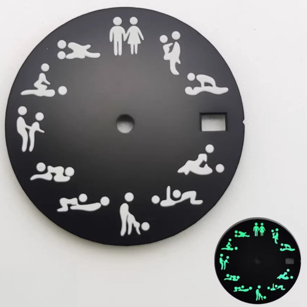 Black 28.5mm Love Posture watch dial with green lume, compatible with NH35 NH36 movements, for adult watches