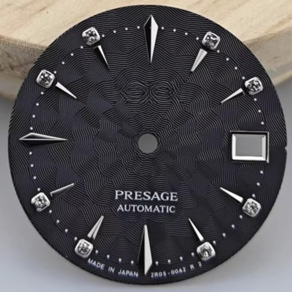 29mm black floral dial for NH35 NH36 automatic watch movement with logo detail.