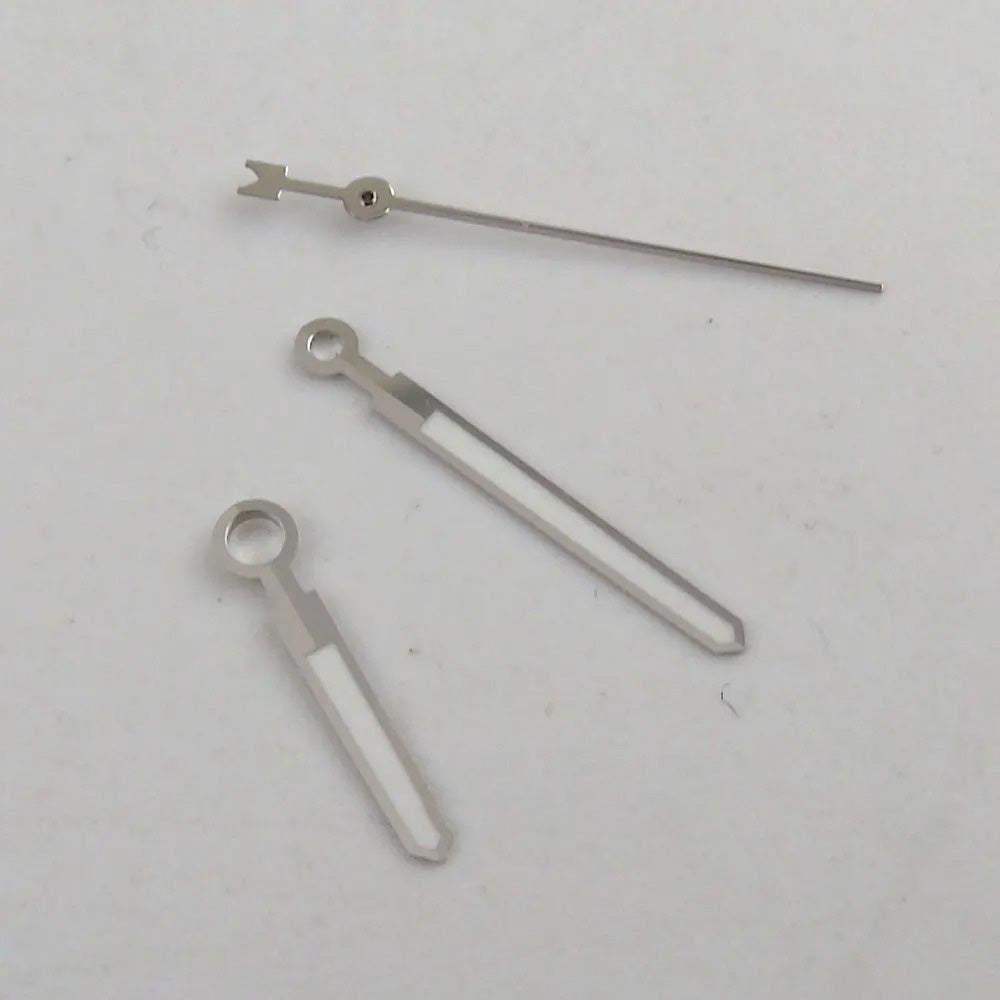Silver watch hands compatible with Miyota 8215, 8205, Mingzhu 2813 movements by H34, precise fit.