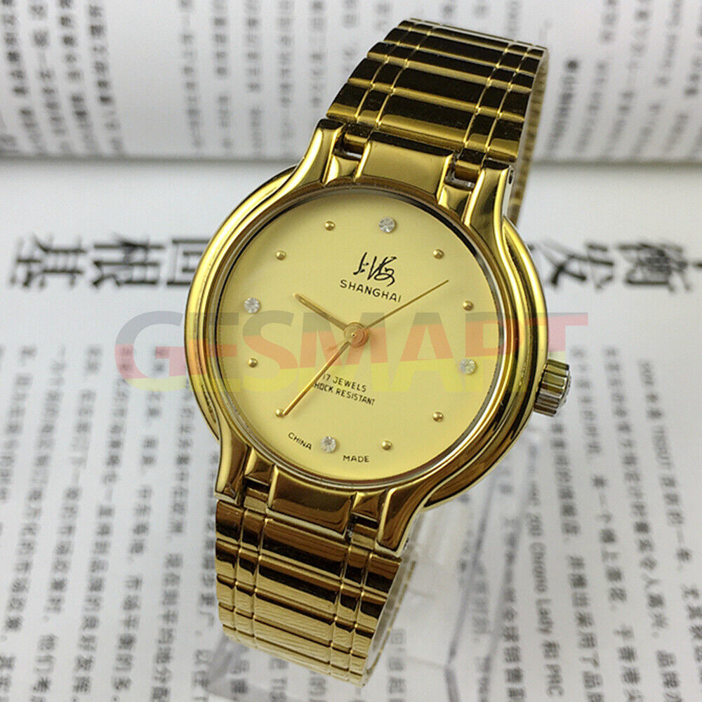 Shanghai Factory 34mm manual mechanical watch, golden case with yellow dial, classic timepiece for enthusiasts