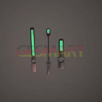 Green luminous watch hands with silver and rose gold trim, fits NH35, NH36, 4R, 7S movements for precise timekeeping.