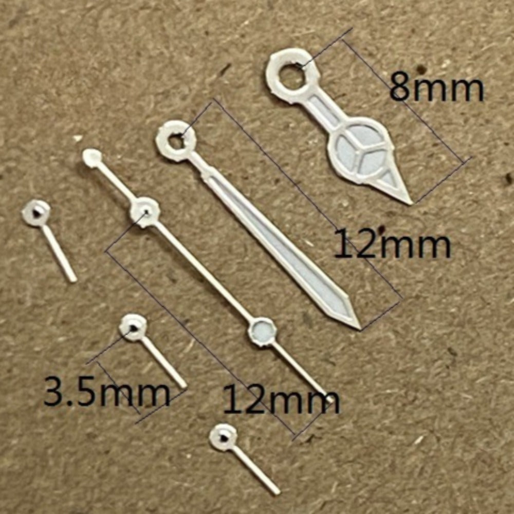 12mm silver-trimmed green lume watch hands, compatible with Miyota OS10 OS20 OS30 movements, for precise timekeeping.