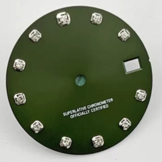 28.5mm Olive Green Rhinestone Modified Watch Dial NH35A/4R35 Movement No Logo