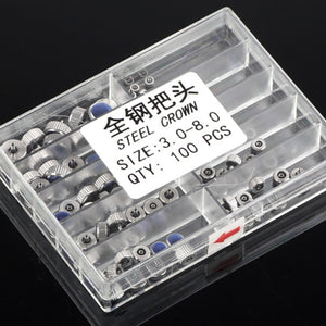 100pcs 3-8mm Silver Stainless Steel Quartz Watch Crowns Kit Set Watch Repair Part