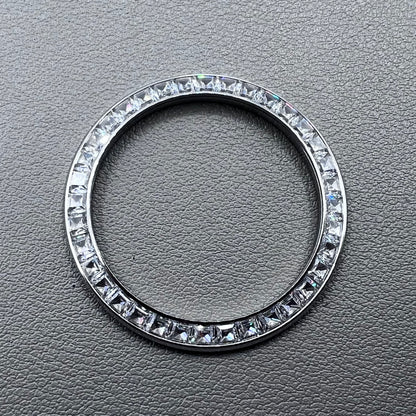 Silver 39.4mm Daytona watch bezel with T-shaped square diamond moissanite, flat bottom design.