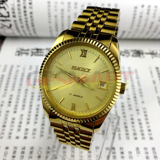 38mm Peacock manual mechanical watch with 17 jewels, single calendar, elegant Chinese craftsmanship.