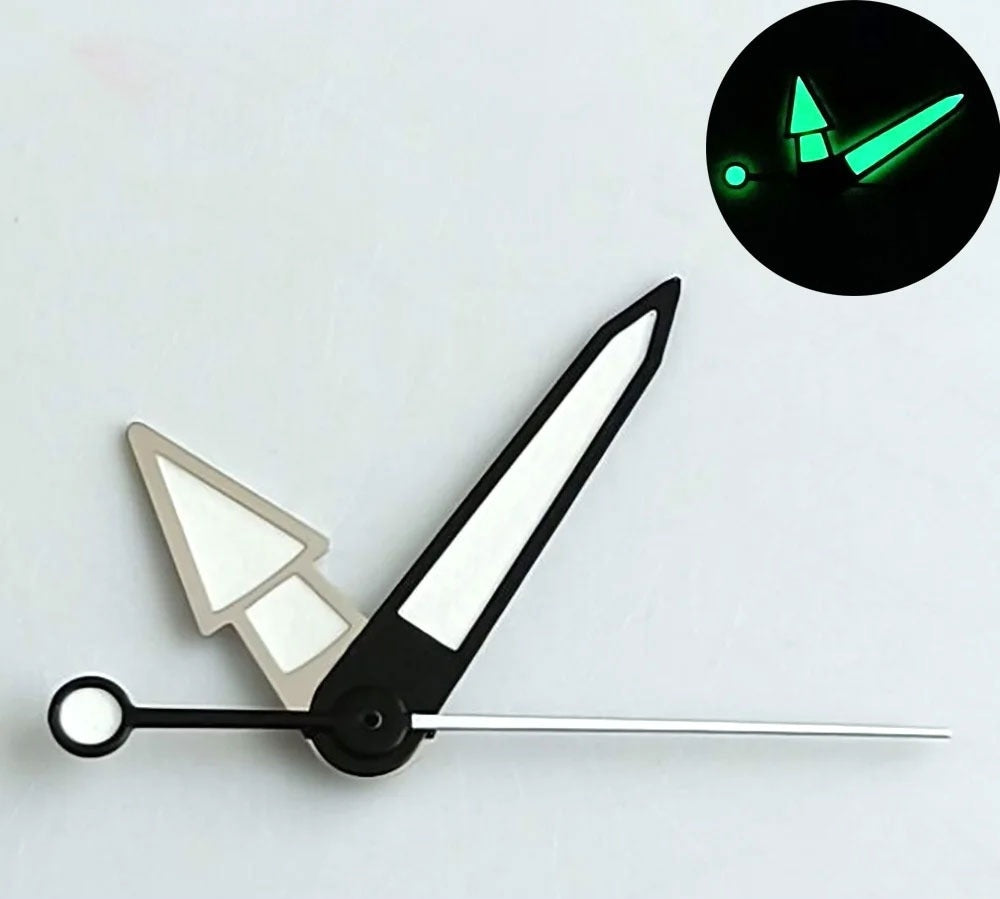 Silver and black Arrow Shape watch hands with green lume, designed for NH35 NH36 NH70 movements,.