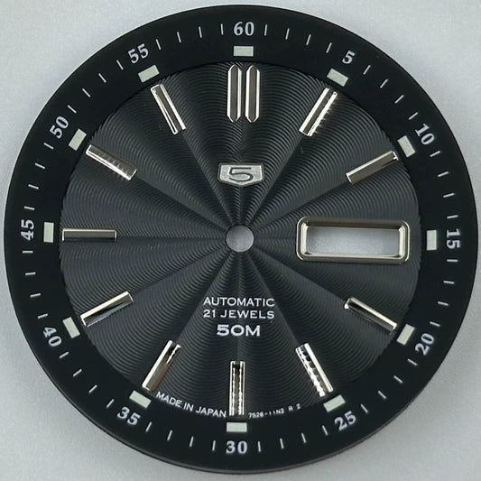 Black 35.5mm silver nail vintage watch dial with green luminous markers for NH35 NH36 movements.