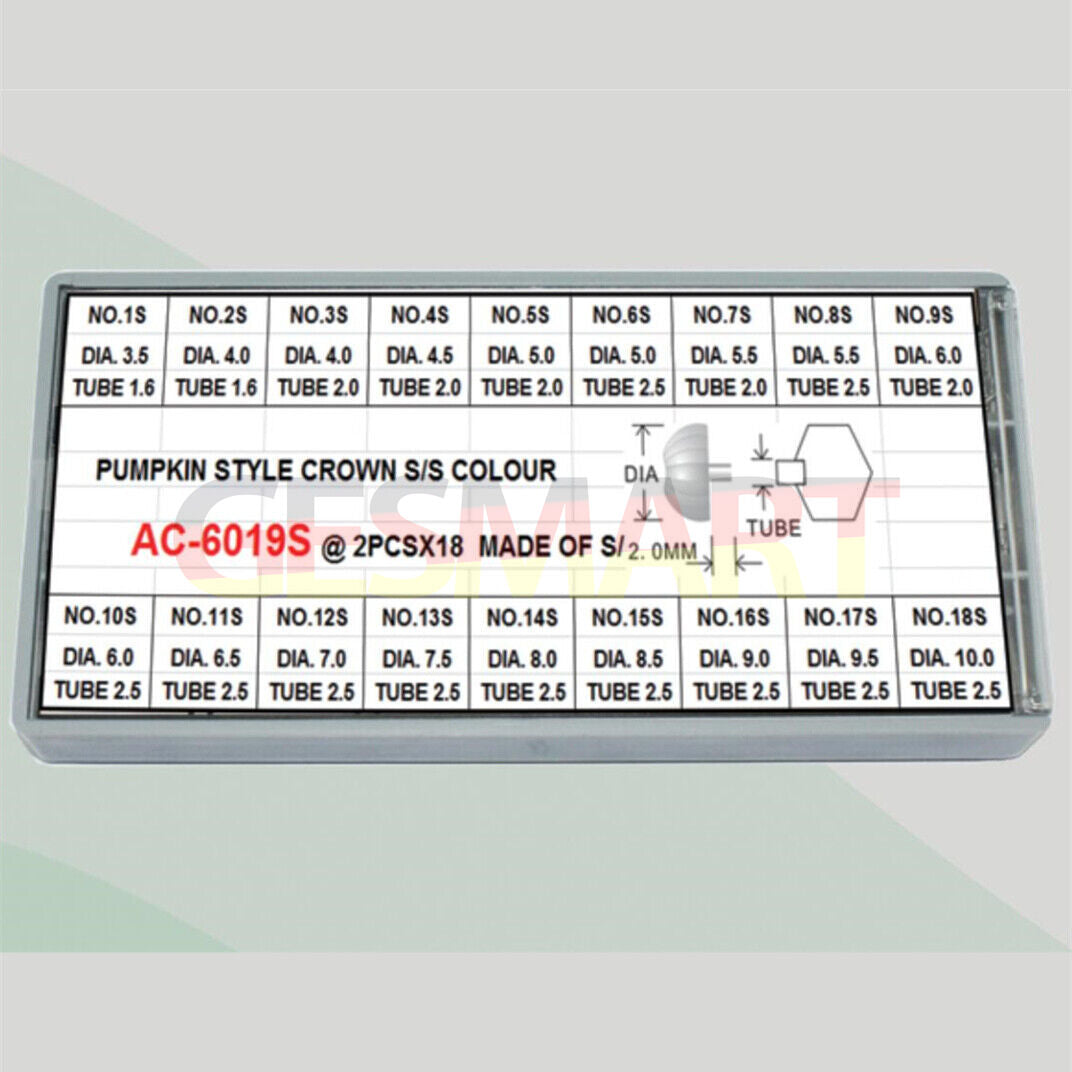 1. Stainless steel silver watch crowns, 36pcs in 18 sizes for precise watch repairs.  